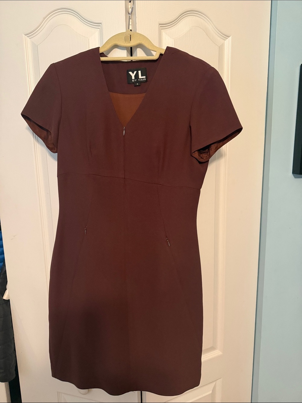 YL by Yair Short-Sleeve V-Neck Mini Dress in Brown